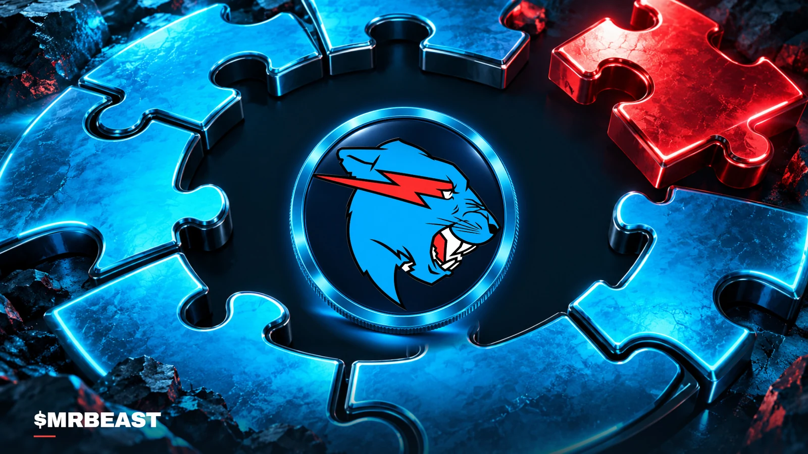 Beast coin surrounded by cyan jigsaw pieces